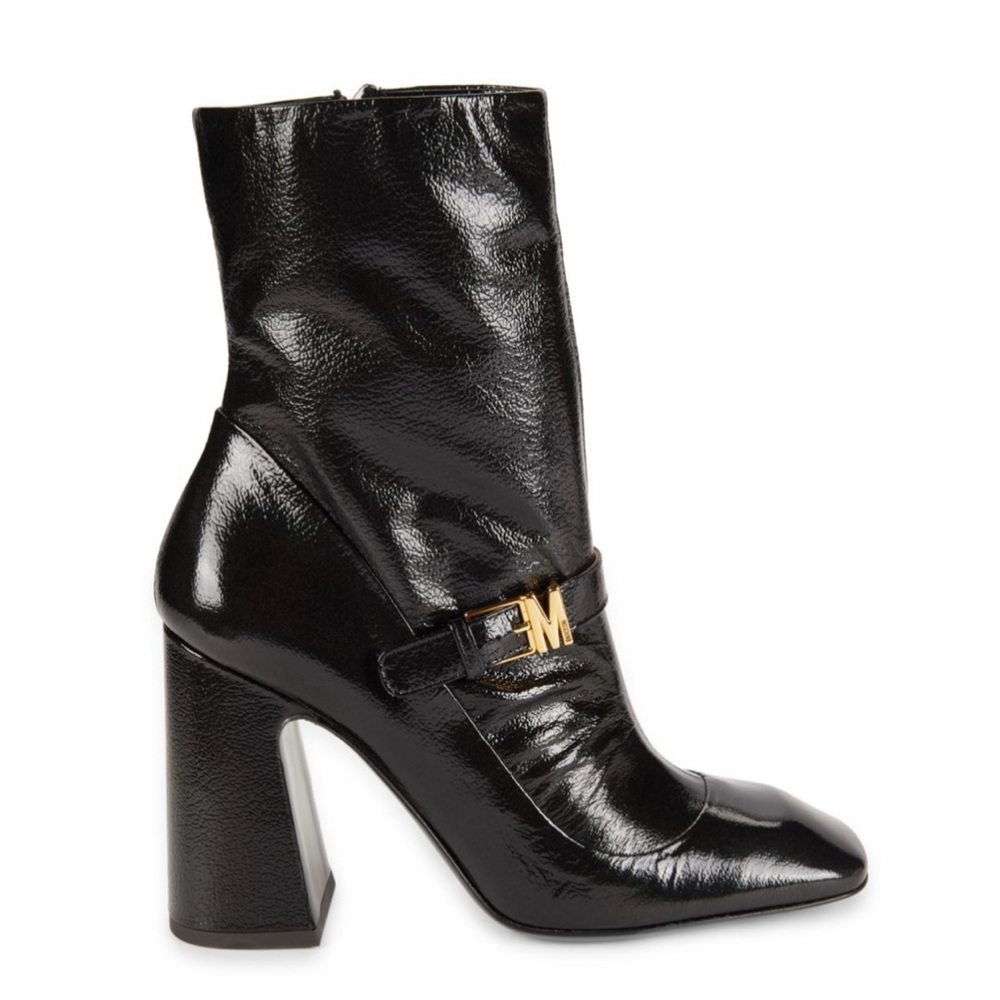 MOSCHINO Glossy Black Heeled Ankle Boots with Gold Accent